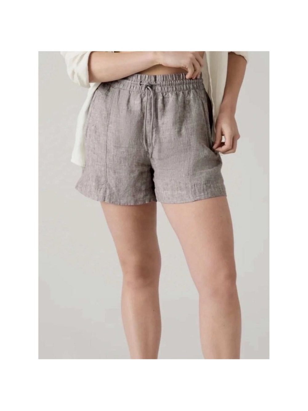 Athleta High-Waist Drawstring Linen Shorts - Taupe Brown sz S